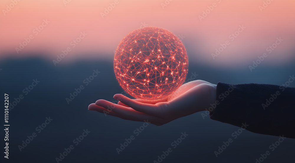 Poster a hand holds a glowing orb with intricate patterns against a soft, dreamy background, symbolizing aw