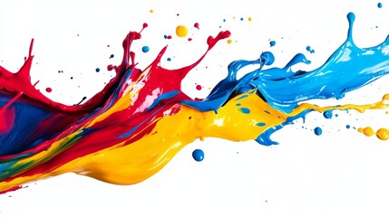 Abstract paint splashes in bold primary colors on a white background, artistic and dynamic, without brand logo, without text --ar 16:9 --v 6.1 Job ID: 177d871f-0bc3-4c1b-ab50-6e079967f5ad