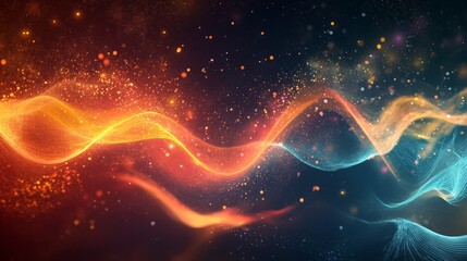 Fototapeta premium Abstract particles in motion, forming a smooth wave across a dark tech-inspired background