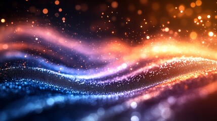 Fototapeta premium Abstract particles in motion, forming a smooth wave across a dark tech-inspired background