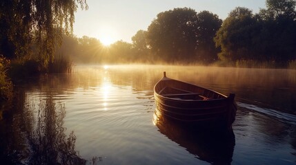 A peaceful scene of a wooden boat on a misty lake, with the sun rising behind the trees.
