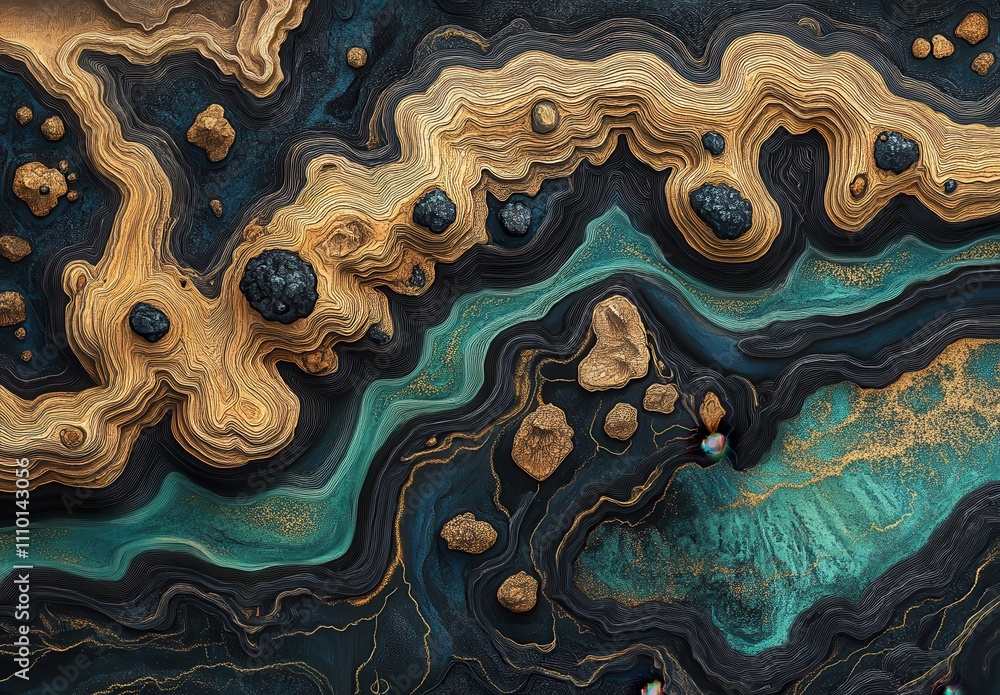 Poster abstract colorful geode pattern with striking layers of gold and teal roiling through dark geologica
