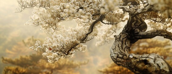 A delicate branch of a tree covered in small, white blossoms contrasts beautifully against the rough, textured bark of the main trunk. Bathed in soft light with a blurred background.