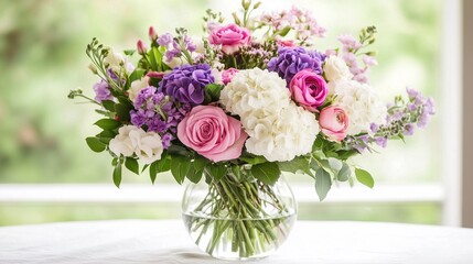 Obraz premium The elegant arrangement of white and pastel flowers is a timeless choice for a wedding, Set on a white table, the background is blurred and bathed in soft light.
