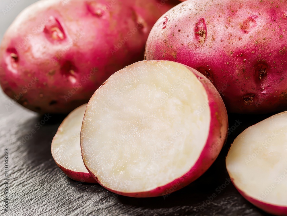 Aufkleber sliced red potato macro image for culinary use.