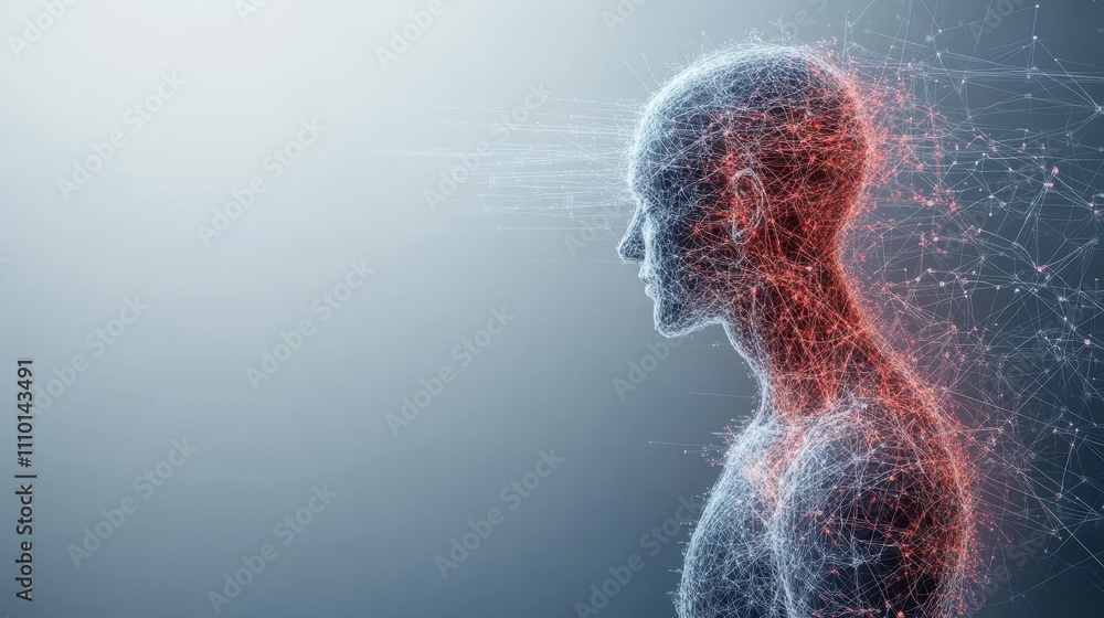 Poster a man's head is shown in a computer generated image with a red
