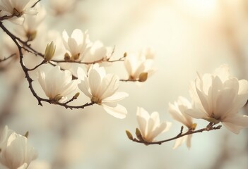 White magnolia flowers blooming on tree branches against a light background