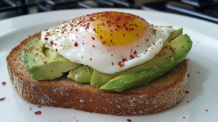 Avocado toast with fried egg and chili flakes on whole grain bread
