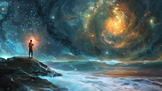 Quest for truth: individual holding torch symbolizes pursuit of knowledge, understanding, illuminating path towards enlightenment, revealing deeper meanings of existence, reality.