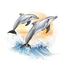 Two dolphins jumping out of the water with a sunset background in a watercolor style