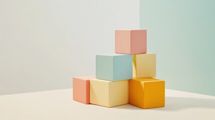 Fototapeta premium A minimalist scene of abstract colored blocks merging to form a cohesive, balanced pattern on a light background, Symbolizing the constructive combination of diverse ideas into a well-structured whole