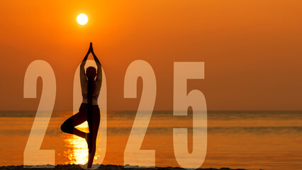 Happy new year card 2025. Silhouette lifestyle woman yoga practicing yoga standing as part of...