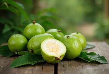 Green guava fruits with leaves, one of them cut in half to show the flesh inside