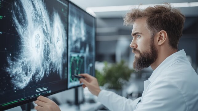Scientist Analyzing Complex Data on Multiple Monitors in Modern Laboratory Setting