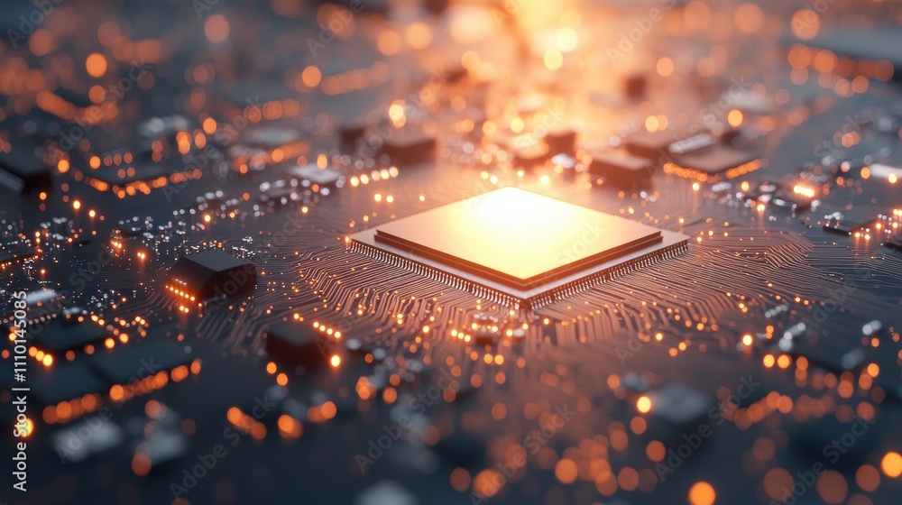 Poster glowing microprocessor surrounded by circuit board with bright lights and futuristic technology elem