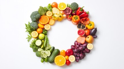 A mix of colorful fruits and vegetables arranged in a circular pattern, representing the diversity and health benefits of dietary choices, minimalistic photography style