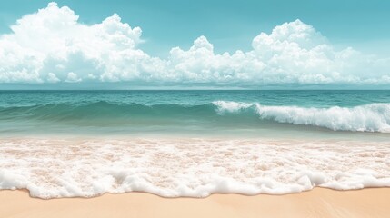 Tranquil Ocean Waves on Sandy Beach Under Bright Blue Sky with Fluffy Clouds in the Background
