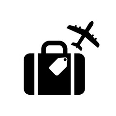 Foreign tour icon with baggage tag and airplane next to it for international travel