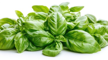 A bunch of fresh basil leaves, isolated on a white background, showcasing their vibrant green color.
