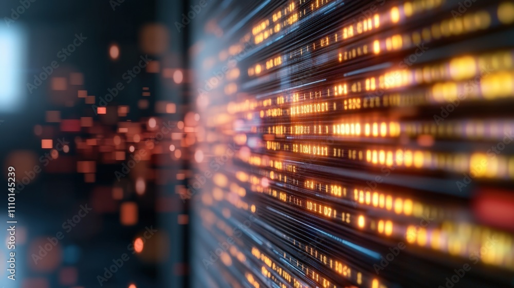 Poster abstract digital background with glowing particles and light trails in a multicolored environment