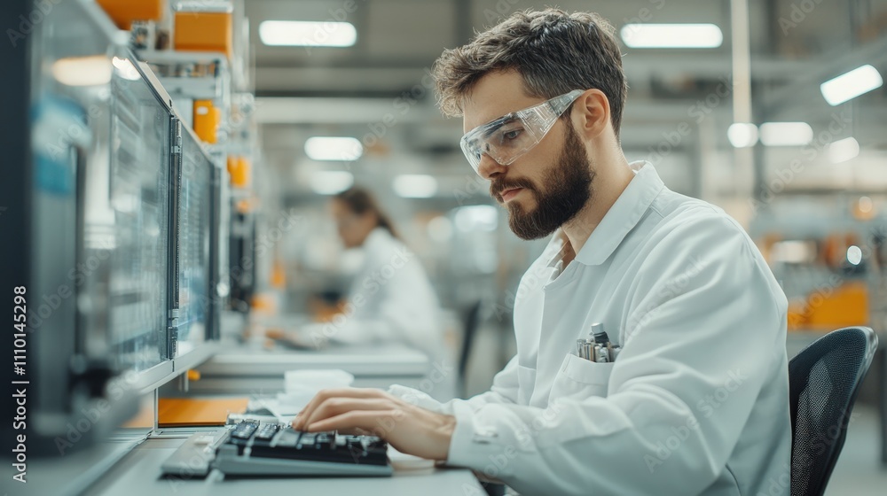 Poster professional male scientist working on computer in laboratory with modern equipment and technology i