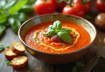 A bowl of creamy tomato soup garnished with fresh basil leaves, croutons, and olive oil on a wooden table