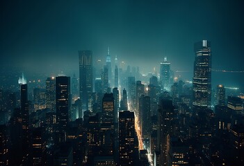 Fototapeta premium A bustling city skyline at night, with tall skyscrapers and high-rise buildings illuminated against a dark sky