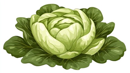 Fototapeta premium A head of fresh green cabbage isolated on a white background, displaying its layered leaves.