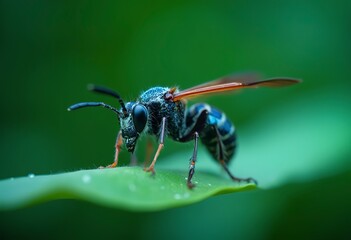 Fototapeta premium A close-up of a wasp on a green leaf, with its wings and body visible