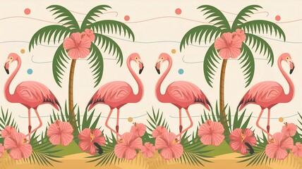 Flamingo seamless pattern on a background of tropical leaves. Popular background