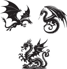 Dragons Black And White Silhouette In A Vector Form 