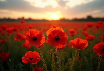 Obraz premium A field of red poppy flowers in the warm glow of the setting sun, with a blurred, hazy background