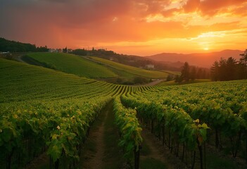 Fototapeta premium A lush green vineyard with rows of grape vines stretching across a rolling landscape, set against a vibrant orange and red sunset sky
