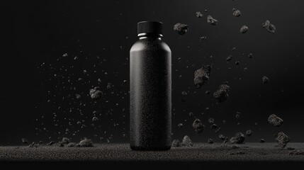 Black bottle on dark background with rocks.