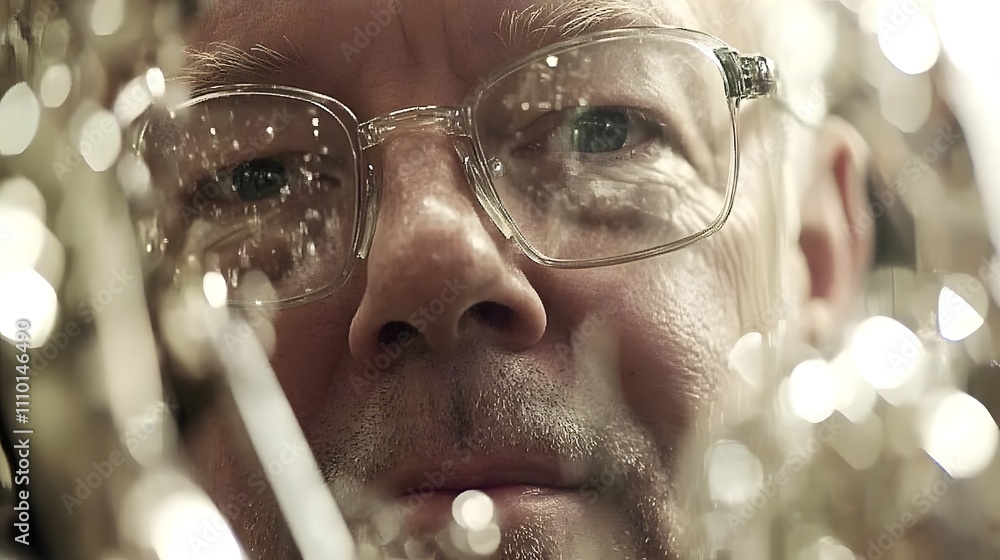 Poster a close-up of a man with glasses, reflecting light through a shiny object.