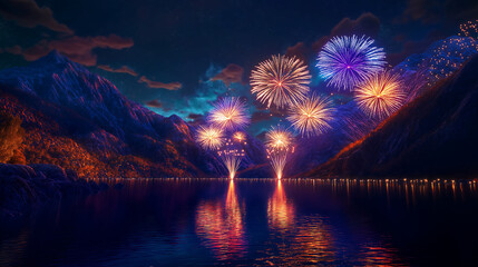 A night sky filled with colorful fireworks bursting over a serene mountain landscape, with glowing reflections on a nearby lake to welcome the new year. 