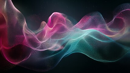 An abstract digital hologram with swirling particle waves in soft pink, violet, and turquoise hues