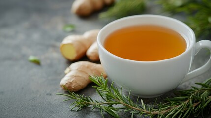 A cup of tea with ginger and herbs on a table