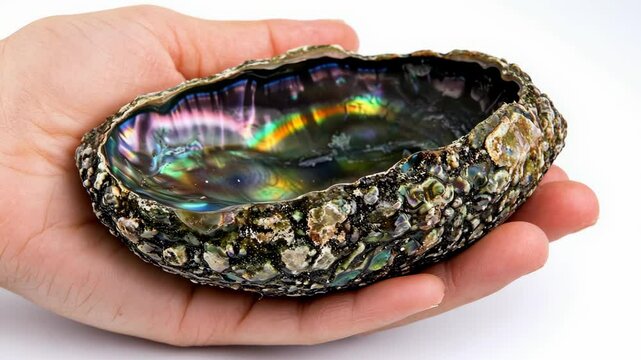 Unique abalone shell held in hand showcasing vibrant colors and intricate textures