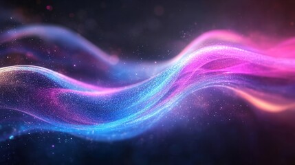 An abstract digital hologram with swirling particle waves in soft pink, violet, and turquoise hues