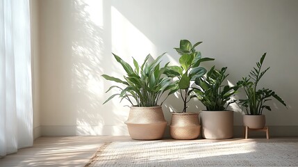 Muted color palette indoor plant pots, minimalist living room