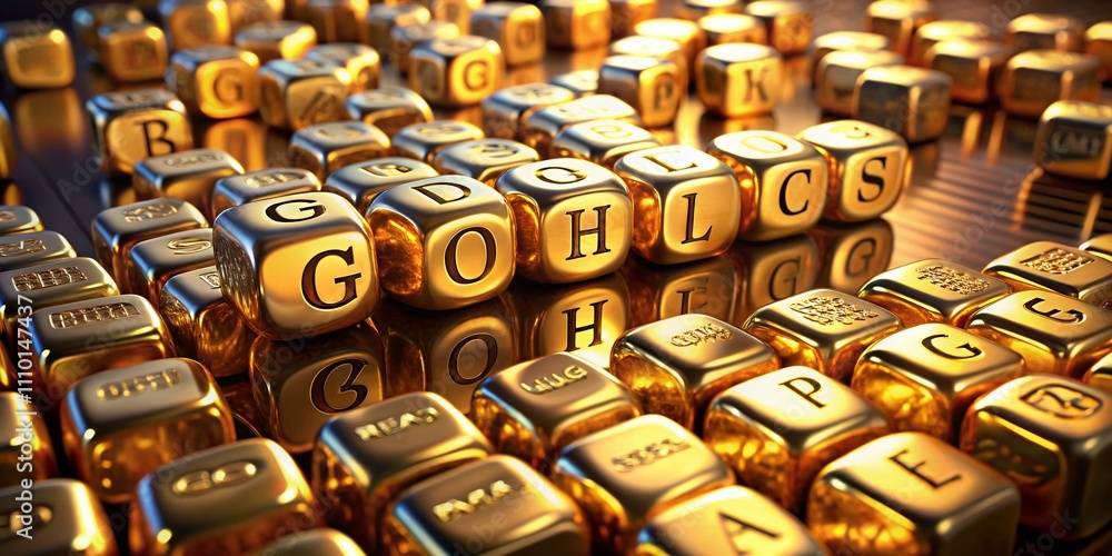 Poster 3d gold graphics and text with metallic dice letters in abstract background for conceptual presentat