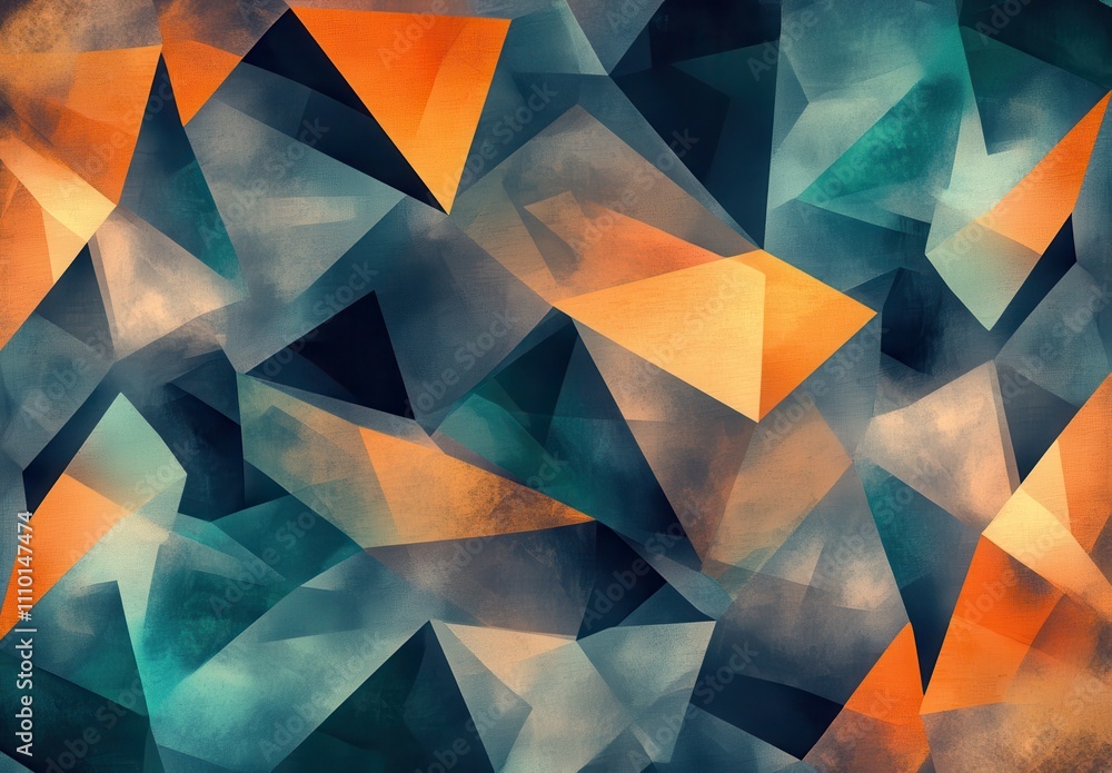 Poster abstract geometric pattern with triangles in orange, teal, and blue tones, creating a vibrant and dy
