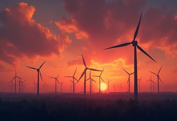 Wind turbines silhouetted against a dramatic sunset sky with vibrant orange and purple clouds