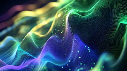 Obraz premium An abstract gradient hologram with a soft glow, showcasing intricate particle waves in green, blue, and purple tones