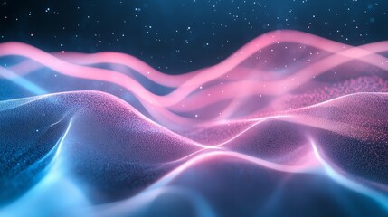 Fototapeta premium An abstract holographic gradient with flowing particle waves in shades of blue and pink, creating a calm digital wallpaper