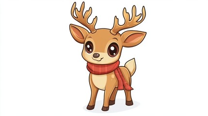 Cute Christmas Deer Character with Scarf on White Background