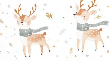 Obraz premium Cute Christmas Deer Character with Scarf on White Background