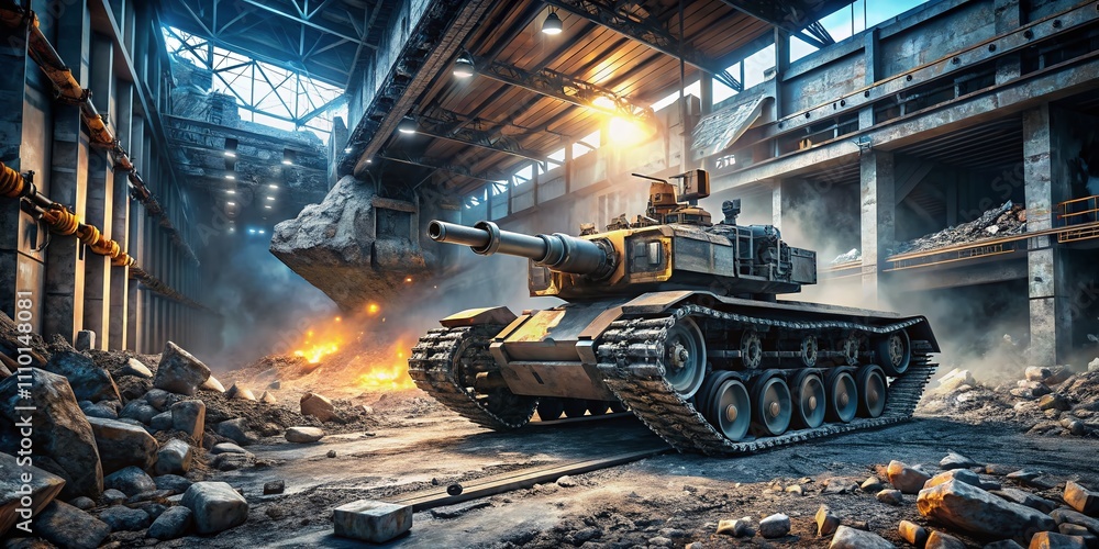 Poster a 3d rendering of an autonomous robotic tank navigating through a hazardous environment with industr