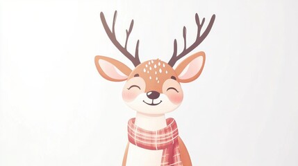 Cute Christmas Deer Character with Scarf on White Background